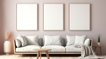 Modern Lounge Area with Scandinavian-style Couch and Empty Frames for Art Display