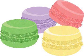 Cute, brightly colored macaron desserts Cozy bakery illustration for decorating coffee shops, greeting cards, prints, and art. Flat vector illustration.