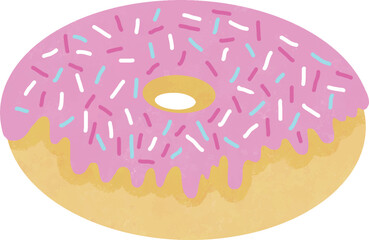 Cartoon pink donut with multi-colored sugar sprinkles, vector illustration.