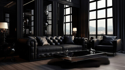 Chic Lounge Space with Dark Interior, Comfortable Couch, and Panoramic Windows