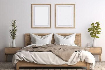Scandinavian Style Bedroom Interior with Blank Frames on Wall