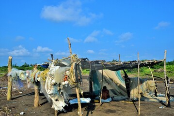 Fototapeta na wymiar Fisherman shelter, Surwada beach, Tithal, Valsad, Gujarat, India, Asia