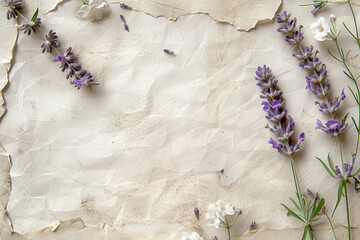 Harmonische Komposition aus Lavendel und weißen Blumen auf alter Pergamentrolle