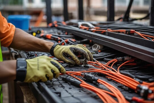 Technician worker wiring LAN at construction site Data center network system installation work.