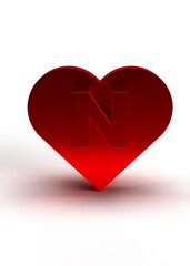 Letter n on a red metal heart for Valentine's Day or love engagement. Idea for a birthday card. 3d rendering