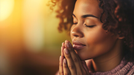 Portrait of black woman praying or meditating, holding hands in front of her. Composed with copy space. - obrazy, fototapety, plakaty