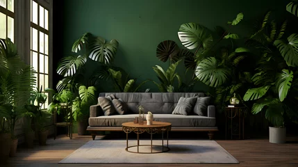 Foto op Canvas Tropical room with exotic plants, gray sofa and coffee table. Spacious living room with a green wall. © pawczar