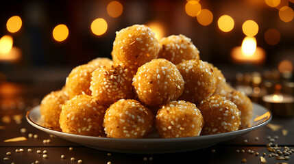 Delicious laddoos artfully arranged in a plate on a table. Festive setting with a cheerful background. - obrazy, fototapety, plakaty