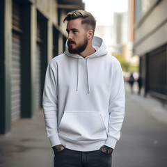 Fototapeta premium White hoodie mockup. Model with hands in pockets looks sideways and stands on the street in the city. Advertisement for a print on clothes.