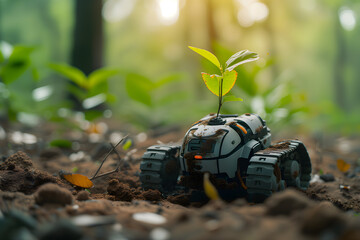 Robot Planting Seedling in Forest Soil - obrazy, fototapety, plakaty