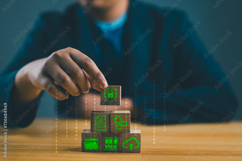 Aufkleber Cybersecurity Protection and data security concept with document icon in wooden cube for document management digital file data online records keeping, database technology, file access and doc sharing.