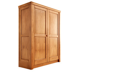 Side view of a classic carved double wooden wardrobe, large and elegant for bedroom storage.