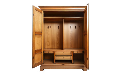 Open wooden wardrobe revealing organised shelves and drawers, modern and spacious.