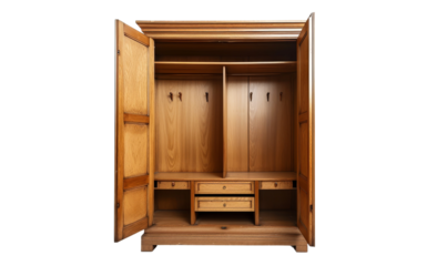 Open wooden wardrobe revealing organised shelves and drawers, modern and spacious.