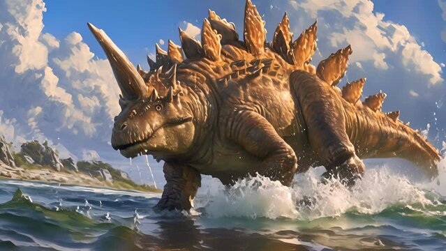 A stegosaurus gingerly dipping its toes into the water perhaps experiencing the ocean for the first time.