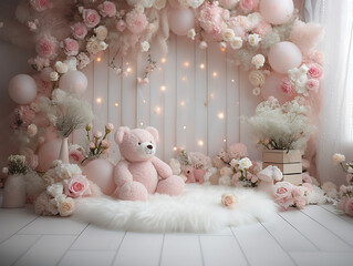 Pink Teddy Bear Digital Background for Baby Birthday Cake Smash Studio Photography Backdrops with Pastel Pink Star Photography Backgrounds.