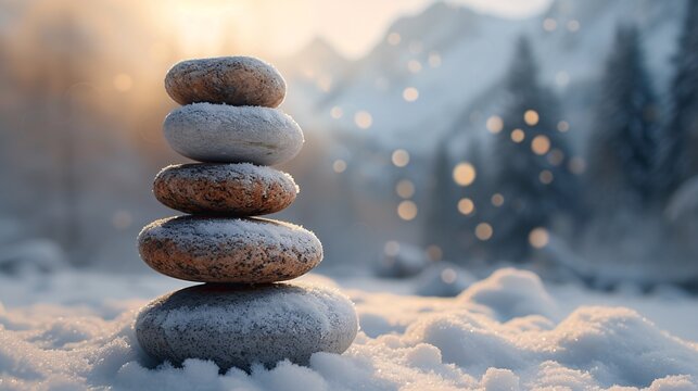Rock Stacking in the Snow: A Wintery, Creative, and Inspiring Image for Your Adobe Stock Portfolio Generative AI