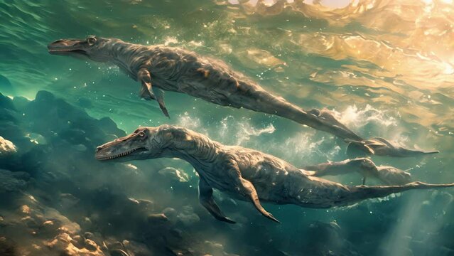 A group of graceful Nothosaurs gliding through the water their sleek bodies and webbed limbs allowing them to blend seamlessly into their ocean surroundings.