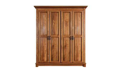 Elegant wooden wardrobe with a walnut finish, featuring drawers and shelves.
