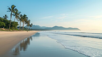Serene Dawn at Tropical Beach with Palm Trees and Distant Mountains