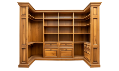 Classic wooden bookcase with multiple shelves and drawers, perfect for a home library.