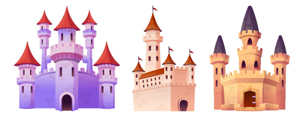 Naklejka premium Medieval castles set isolated on white background. Vector cartoon illustration of ancient fairy tale palace with flags on tower, windows and gates, old royal fortress, game kingdom design elements
