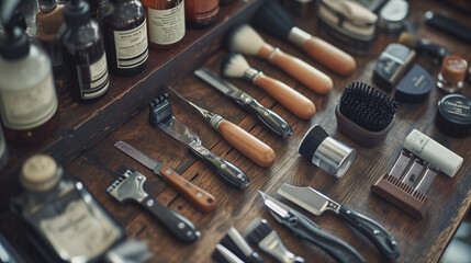 Grooming tools for mens facial hair. Seen at a classic barbershop. - obrazy, fototapety, plakaty