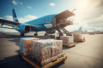airplane cargo transportation by plane, unloading containers of boxes at the airport