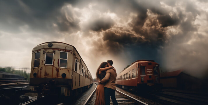 a couple in love says goodbye at the station near the train, the concept of parting and separation of love at a distance