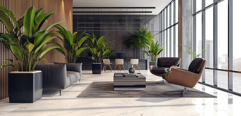 an office lobby with comfortable sitting area and planter - obrazy, fototapety, plakaty