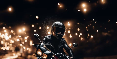 Poster motorcyclist rides a motorcycle on a wet street at night, motorcyclist safety concept © velimir