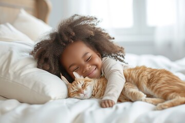 little girl with bright smile cuddling her beloved orange tabby cat on soft, comfy white bed, pure joy in cozy morning, lovely owner. - obrazy, fototapety, plakaty