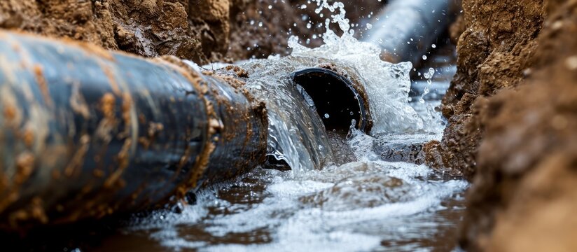 A damaged PVC pipe is bursting with water, causing chaotic leakage. Plumbers are fixing the disruptive explosion, repairing the broken waterline underground.