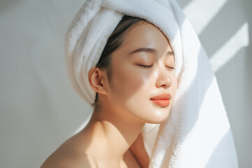 アジア人女性の美容イメージ タオルドライ（スキンケア・ボディケア・エステサロン）「AI生成画像」