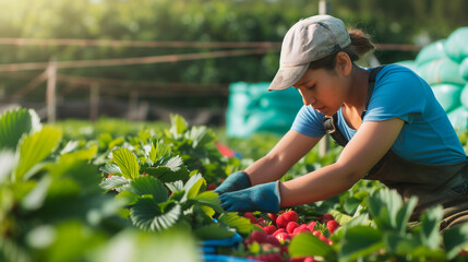 Young woman working on picking strawberries at a sustainable farm. Environmental conservation
