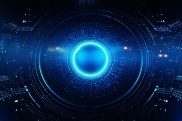 Futuristic blue glowing portal with concentric circles and digital patterns, symbolizing advanced technology and cyber concepts.