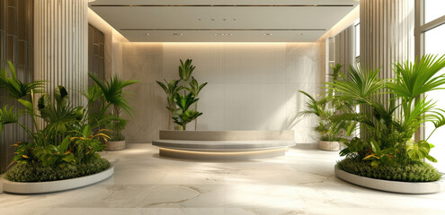 an office lobby with comfortable sitting area and planter