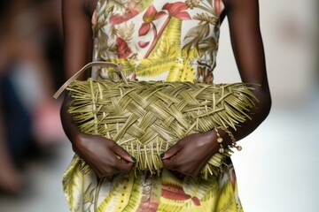 model carries clutch made from woven leaves