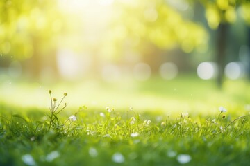 Lush green grass with a low perspective, sparkling with dew, with a soft-focus background of a sunlit forest.