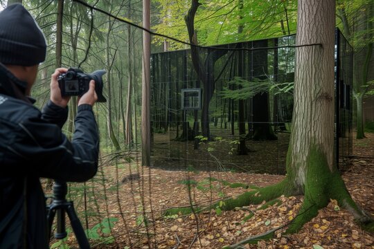 photographer taking pictures of mirror house in forest