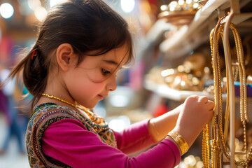 young girl trying on gold bracelets at souk