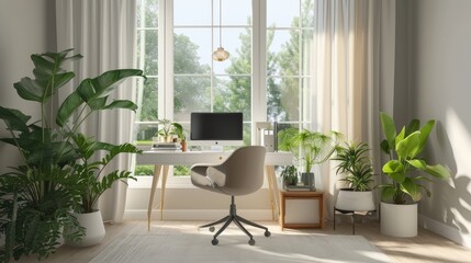 Bright Modern Home Office with Plants and Natural Light.
