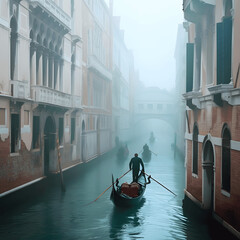 Traditional gondolas on a misty canal shot agondolier navigating through fog withhistoric buildings  Generative AI