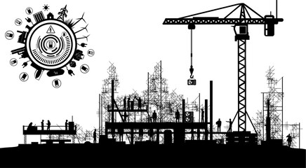 Vektor Silhouetten Bauindustrie - Gebäude Baustelle mit Baukran und Arbeitern - Bau Projekt Phase Energie - Gebäudetechnik, Technologie, Versorgung