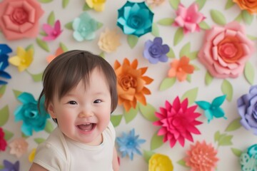 Fototapeta na wymiar oneyearold in front of a wall covered in colorful paper flowers