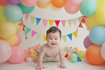 Obraz premium infant with a banner of triangle flags and a balloon arch