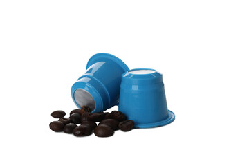 PNG, Blue coffee capsules and beans, isolated on white background