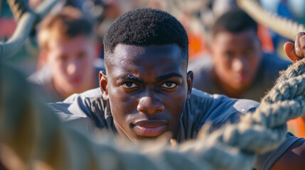Fototapeta premium Resilient man in training camp, determined to pass the physical test. Military strength training. 