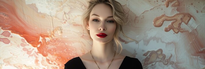 Blonde Woman in Dreamlike Nostalgic Pink, Brown, Cream Background - Direct Gaze with Makeup defined Eyebrows and Red Lipstick - Light Hair and Black Dress created with Generative AI Technology