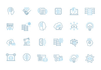Fototapeta premium Simple thin line Vector icon set of Machine learning, ML, Robotics, AI, Innovation, Big data, IoT Editable stroke. 